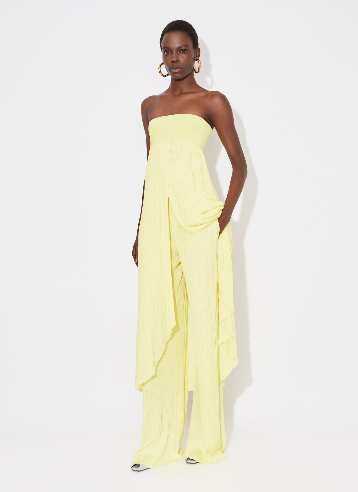 STRAPELESS DRESS IN PLEATED KNIT ALAÏA LIGHT YELLOW STRAPELESS DRESS IN PLEATED KNIT